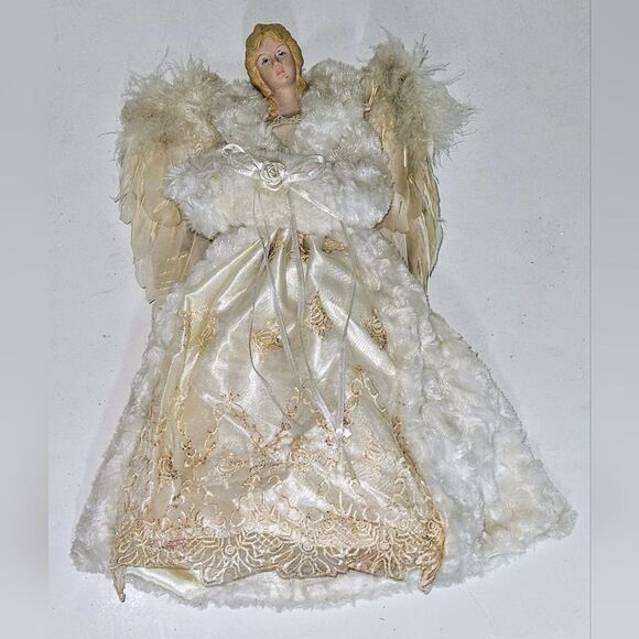 Vintage Porcelain Angel Christmas Tree Topper Feather Wings White & Gold - Picture 1 of 7